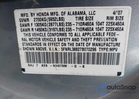 2007 Honda Odyssey Touring z USA, uszkodzony, nr VIN 5FNRL38827B070296